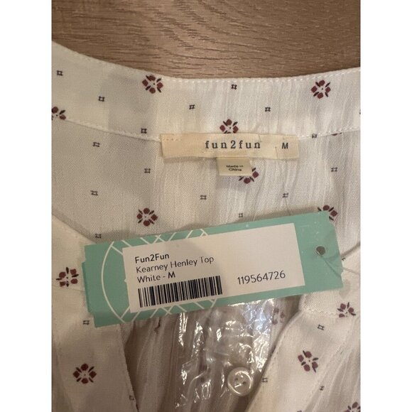 Fun2Fun White Kearney Henley Top M With Burgundy Pattern Boho Style Lightweight - Picture 3 of 6